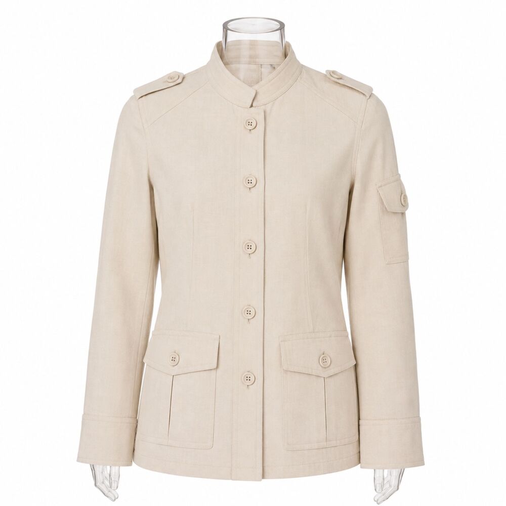 Prague Linen Jacket Womens Small Ivory Band Collar Button Utility